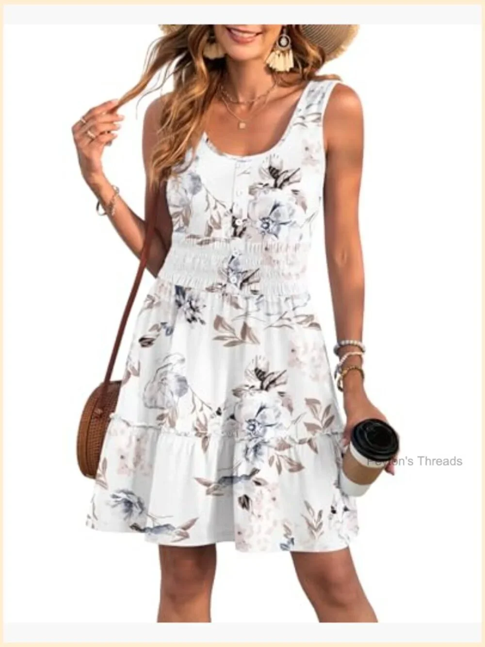 Sleeveless Button Down Tiered Smocked Elastic Waist Dress with Pockets - Picture 2 of 7